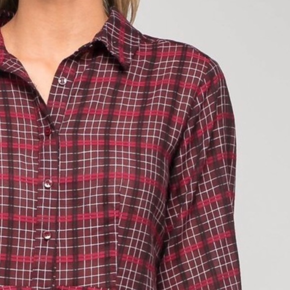 2 LEFT Burgundy Plaid Button Down Top - Picture 4 of 4